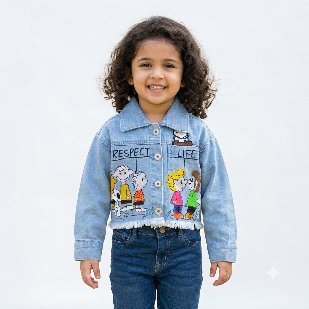 Reverse X-Treme girls denim jacket front view with Peanuts character artwork and Respect Life text