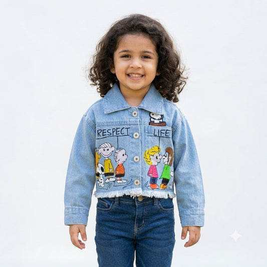 Reverse X-Treme girls denim jacket front view with Peanuts character artwork and Respect Life text