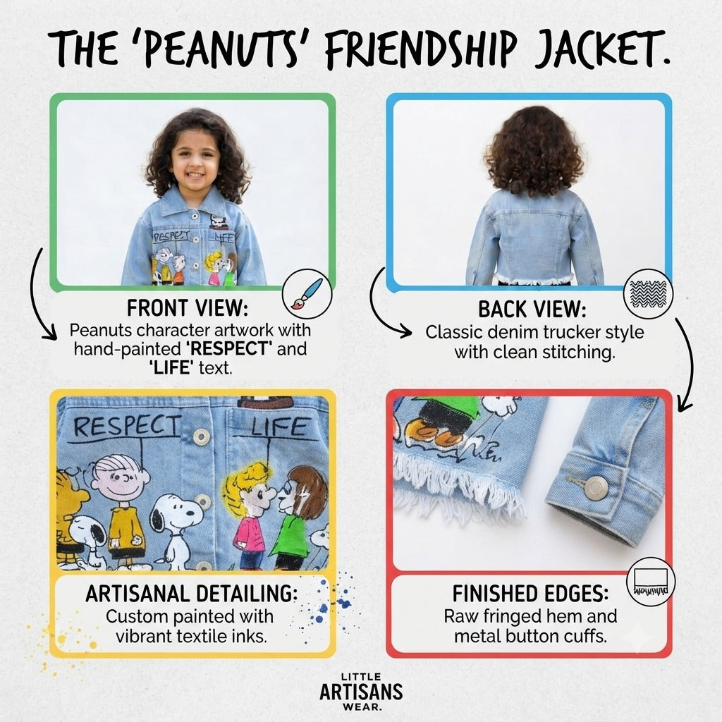 Reverse X-Treme girls light blue denim jacket with Peanuts friendship artwork