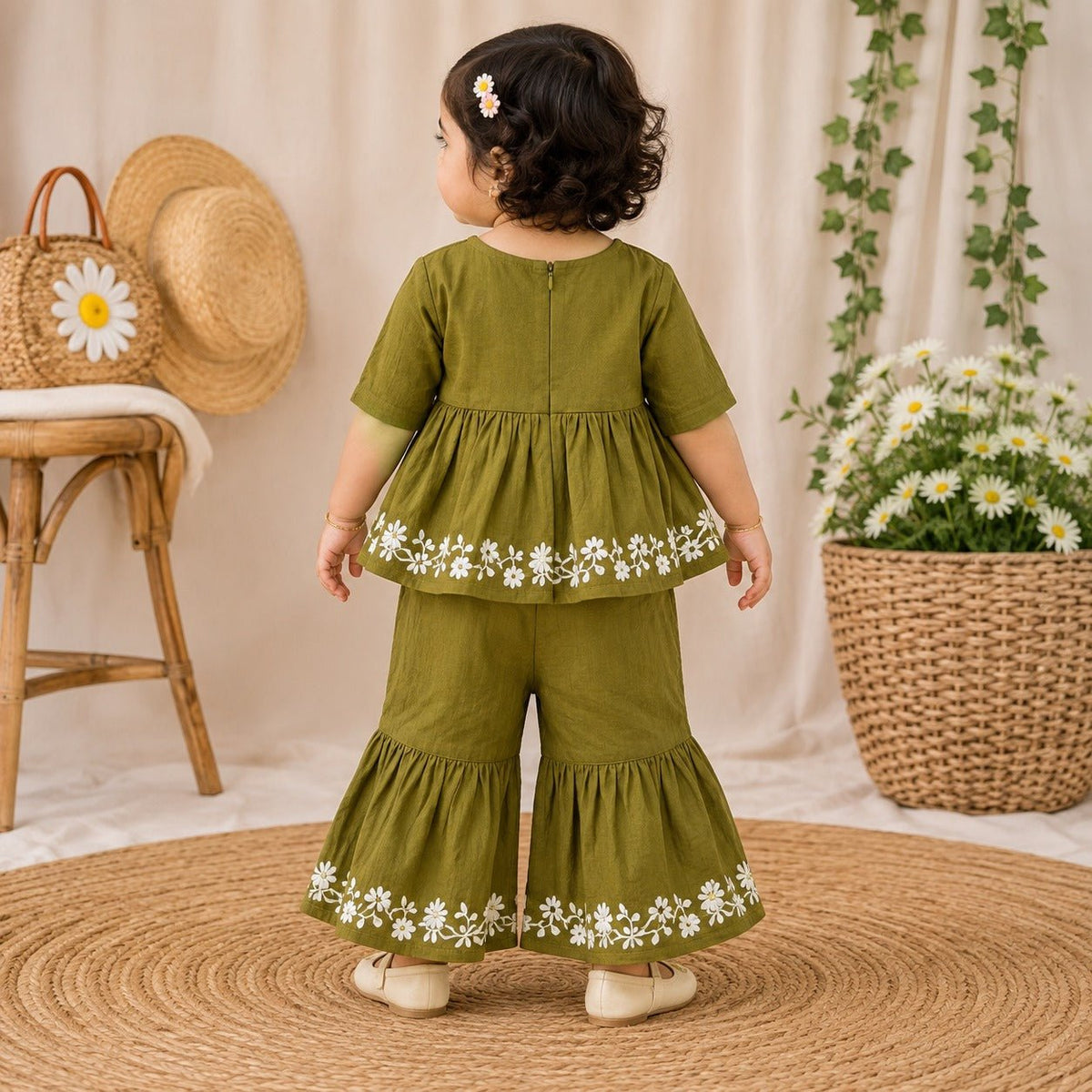 REVERSE X-TREMEGirls Green Embroidered Top & Palazzo Set | 9M–4Y - SMILE BABY