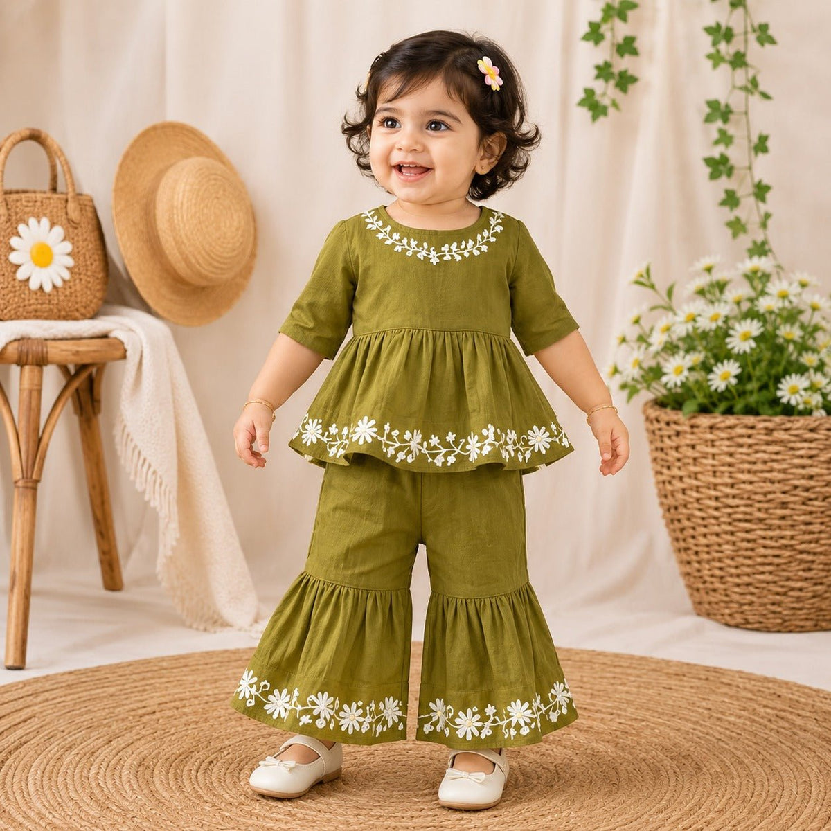 REVERSE X-TREMEGirls Green Embroidered Top & Palazzo Set | 9M–4Y - SMILE BABY