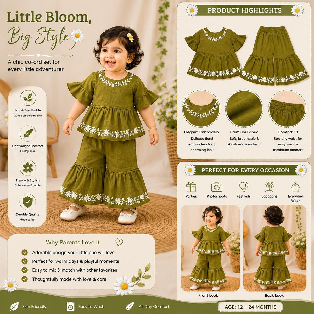 REVERSE X-TREMEGirls Green Embroidered Top & Palazzo Set | 9M–4Y - SMILE BABY