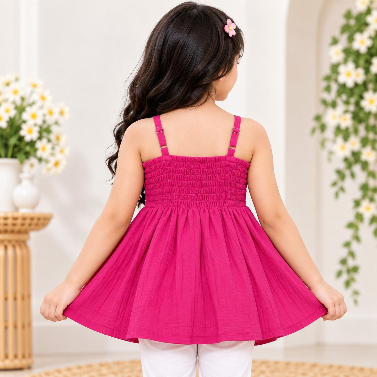 Reverse X-Treme girls hot pink sleeveless dress back view with smocked panel