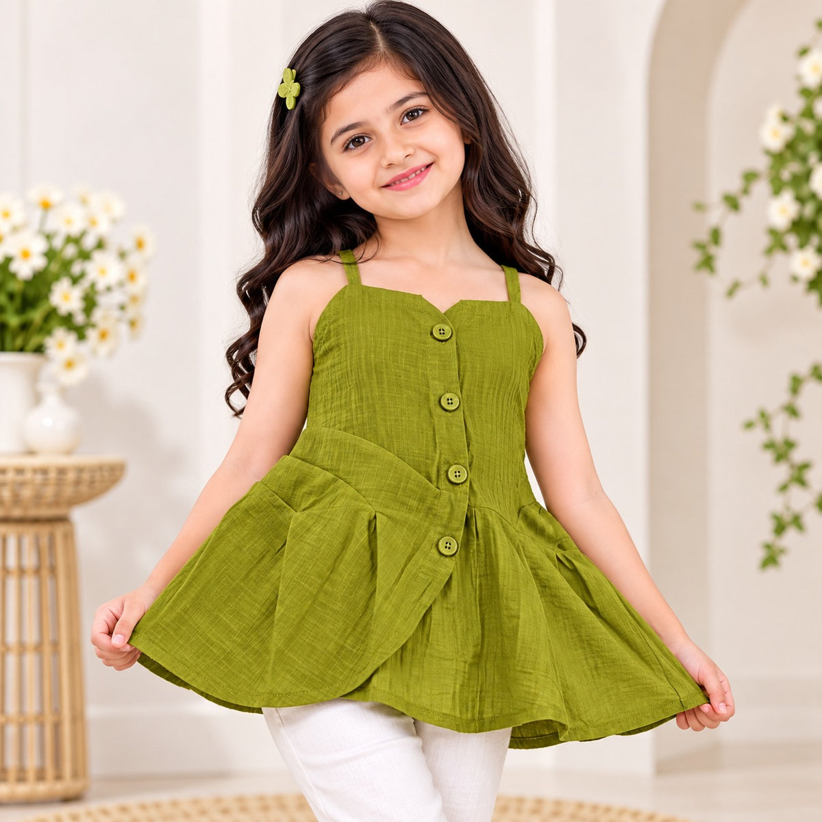 Reverse X-Treme girls natural green sleeveless button-front flared dress front view