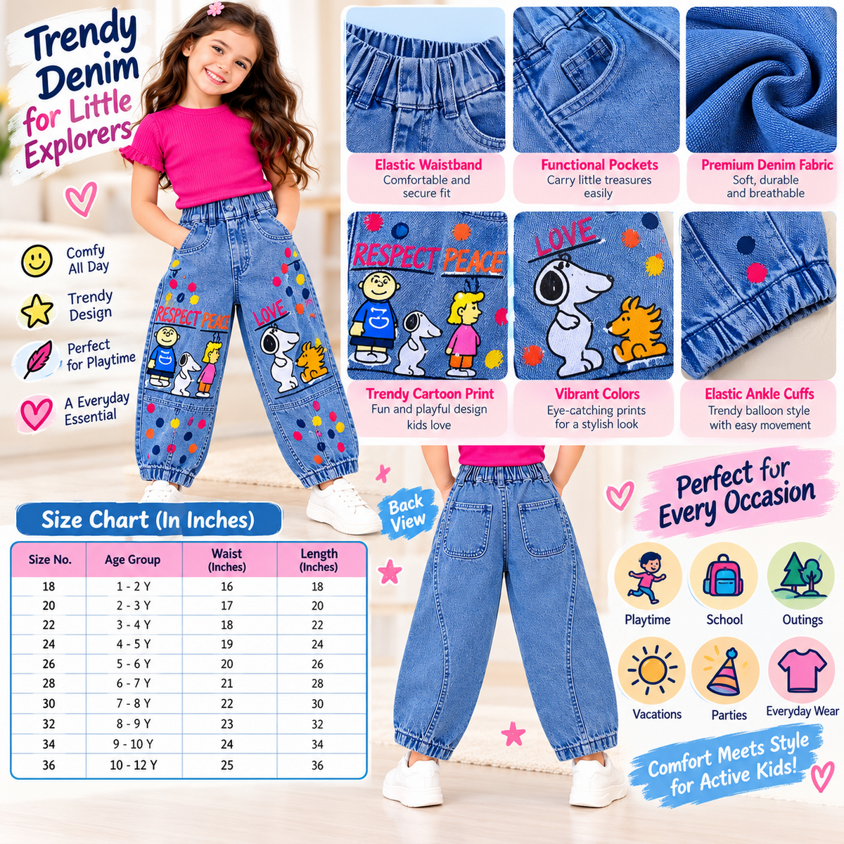 REVERSE X-TREME girls cartoon print balloon jeans A+ infographic size chart
