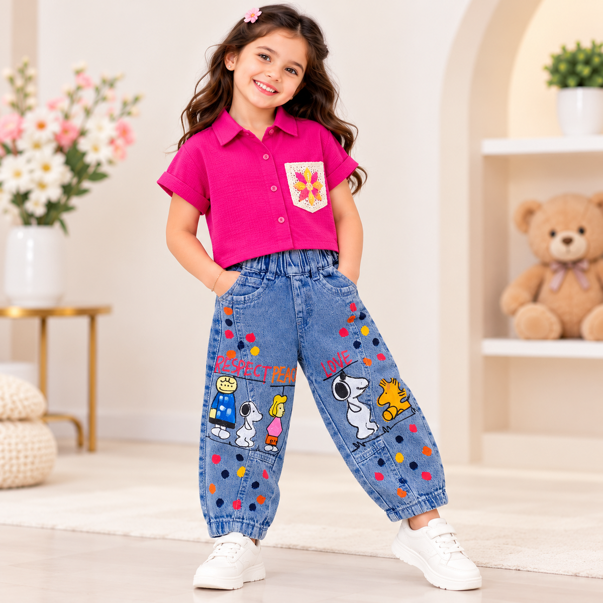 REVERSE X-TREME girls cartoon print balloon jeans model photoshoot
