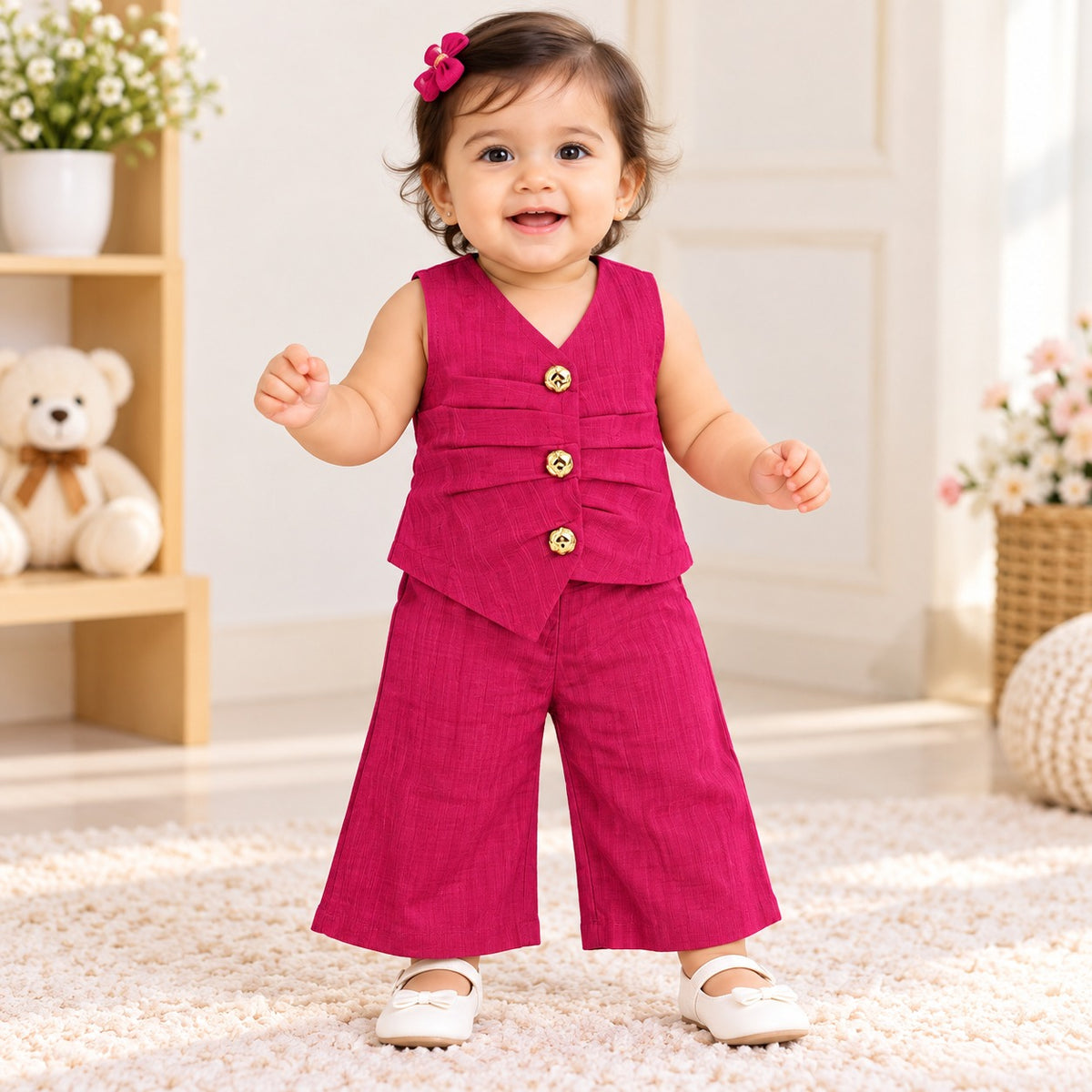 REVERSE X-TREME girls lemon sleeveless top and wide-leg pants co-ord set front view