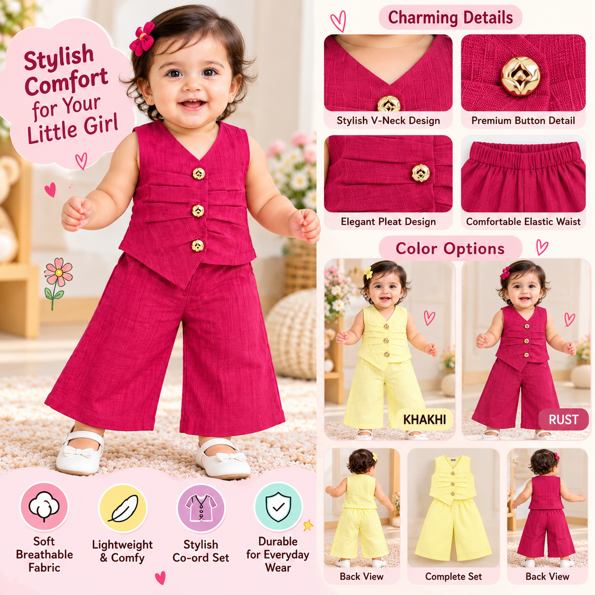 REVERSE X-TREME toddler girls co-ord set infographic with product details and H.PINK and LEMON colour options