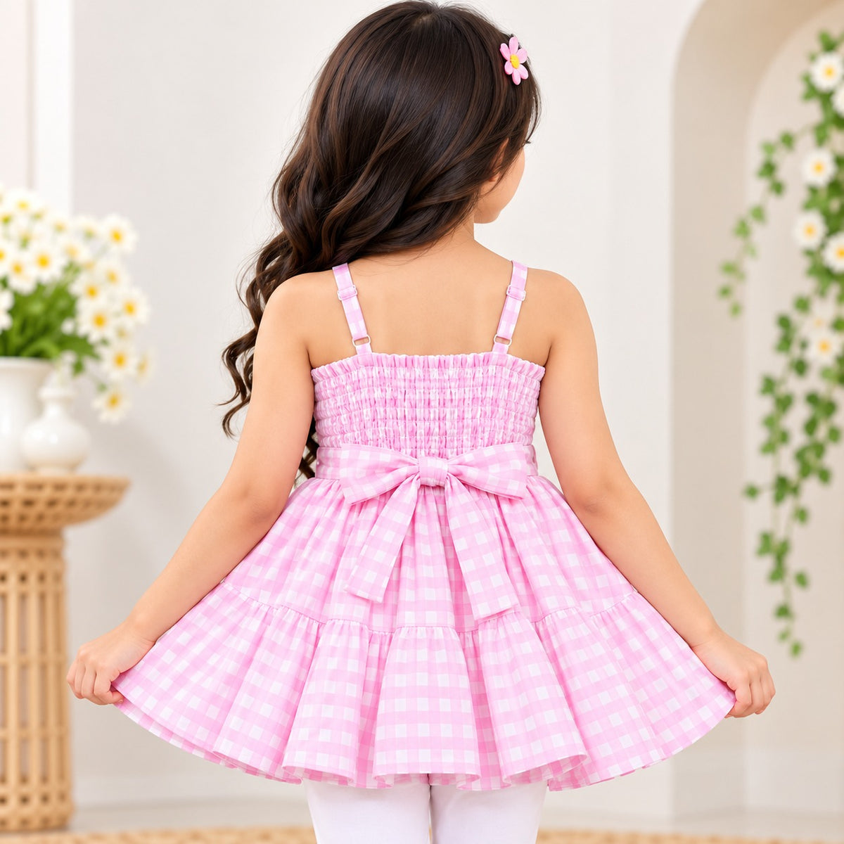 Reverse X-Treme girls pink gingham sleeveless flared dress front view with decorative patches