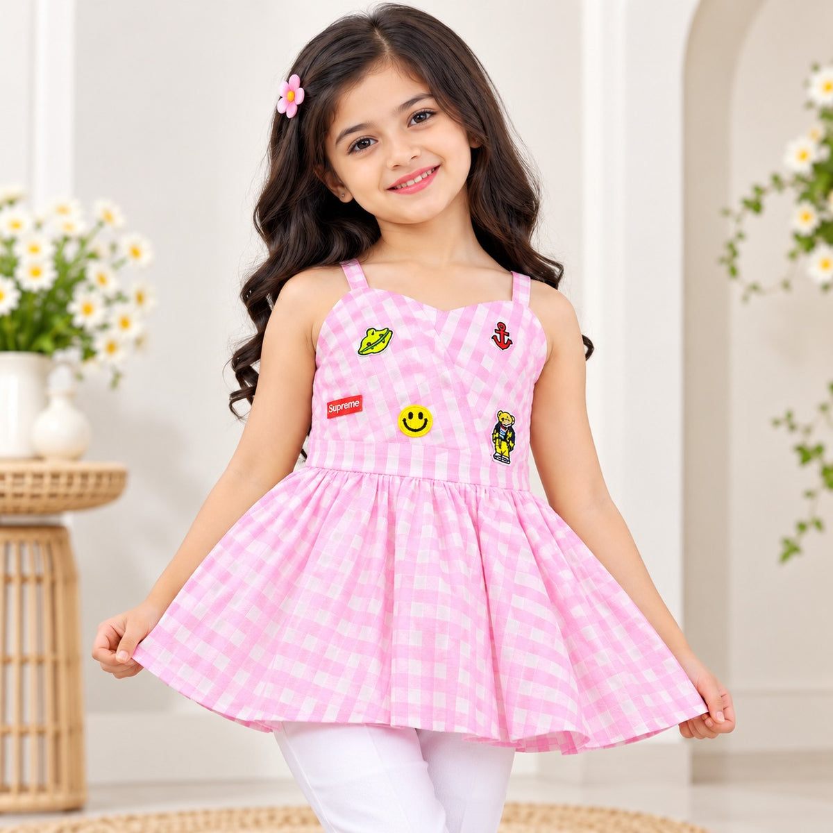 Reverse X-Treme girls pink gingham dress back view showing smocked back and bow