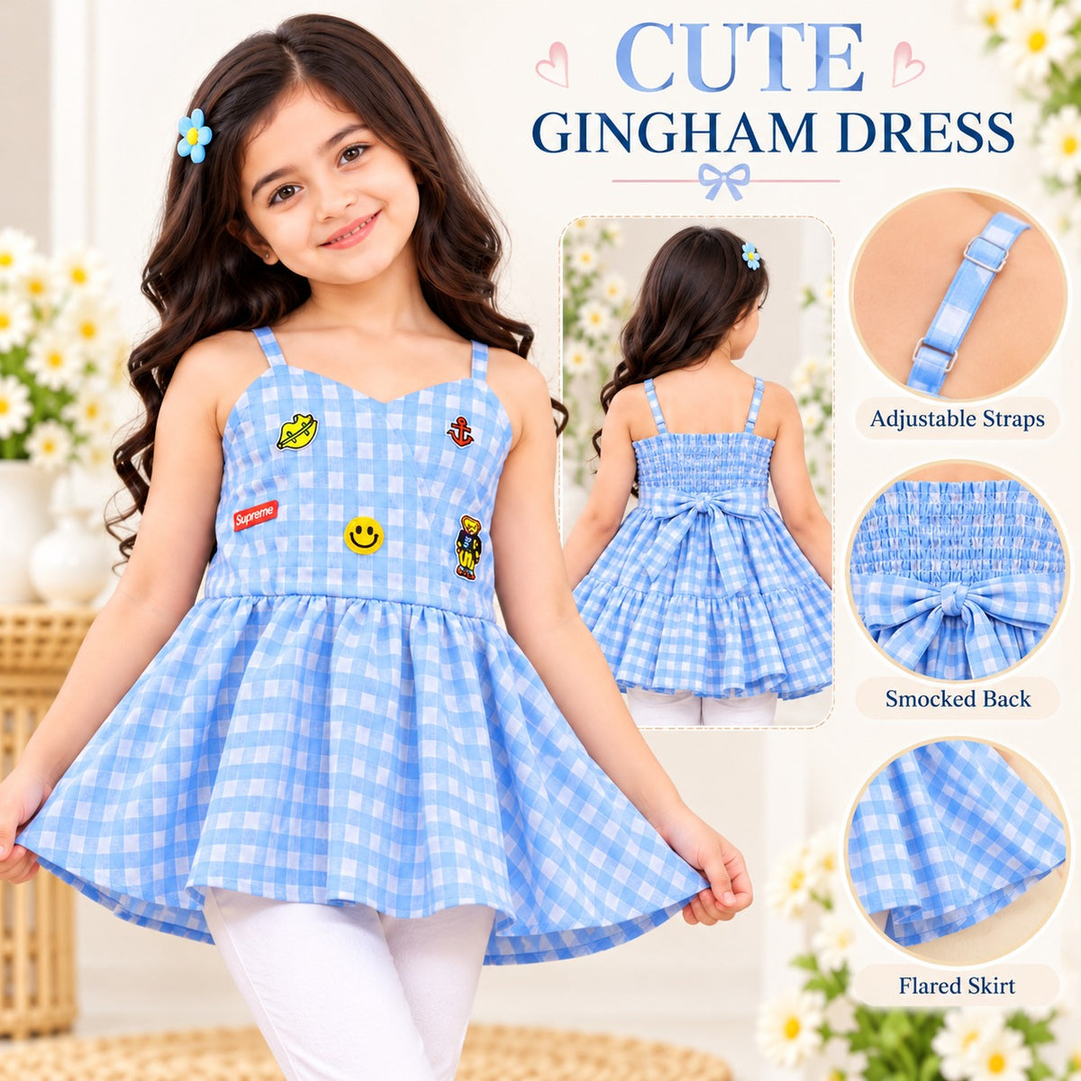 Reverse X-Treme girls blue gingham dress details showing adjustable straps smocked back and flared skirt
