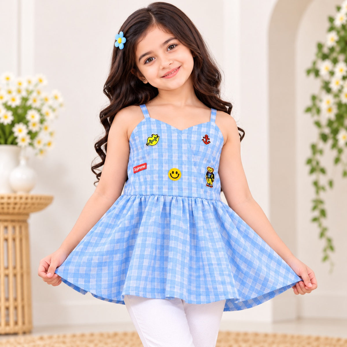 Reverse X-Treme girls blue gingham sleeveless flared dress front view