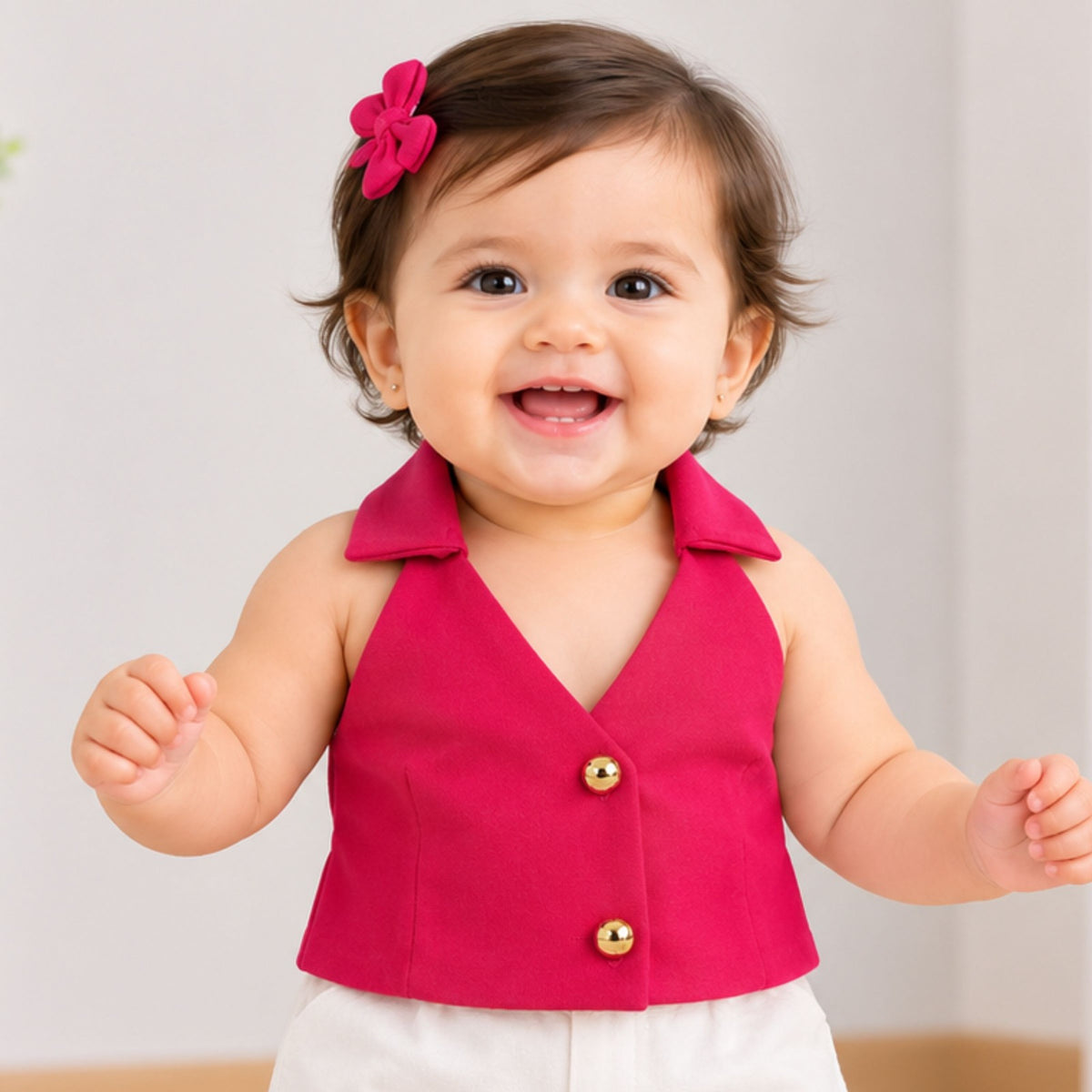 REVERSE X-TREME girls hot pink sleeveless collared top with gold buttons front view