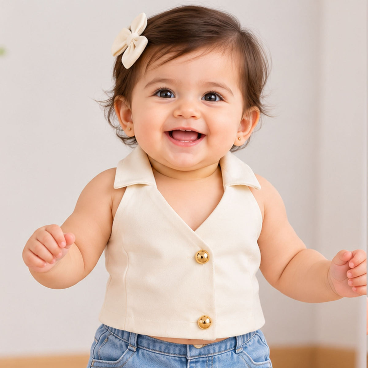 REVERSE X-TREME girls white sleeveless collared top with gold buttons front view