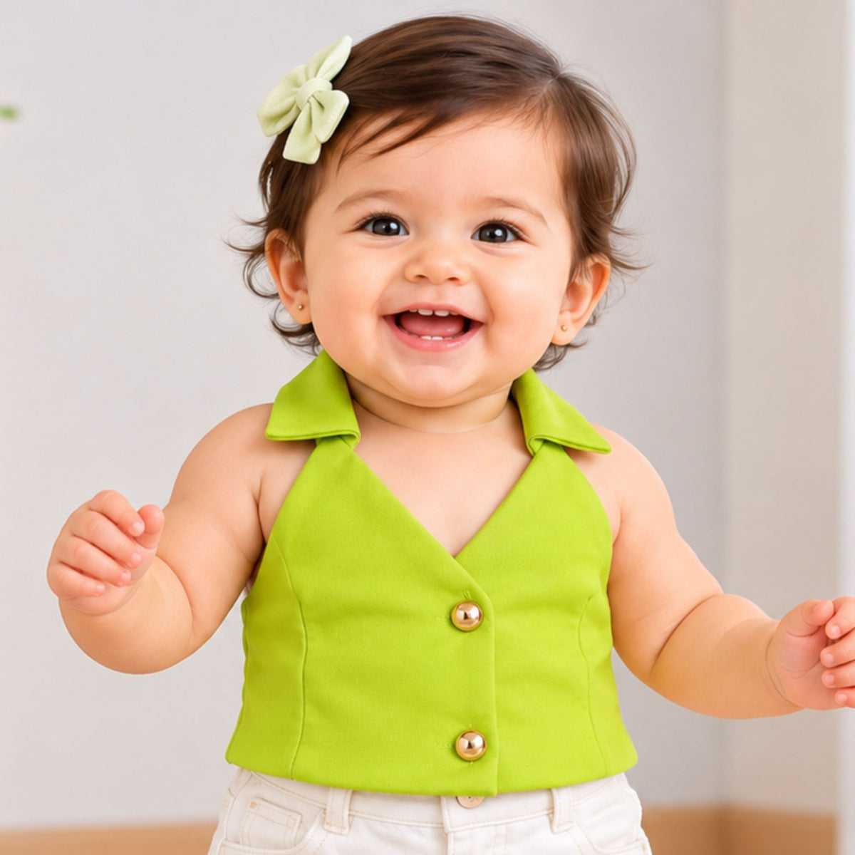 REVERSE X-TREME girls neon green sleeveless collared top with gold buttons front view