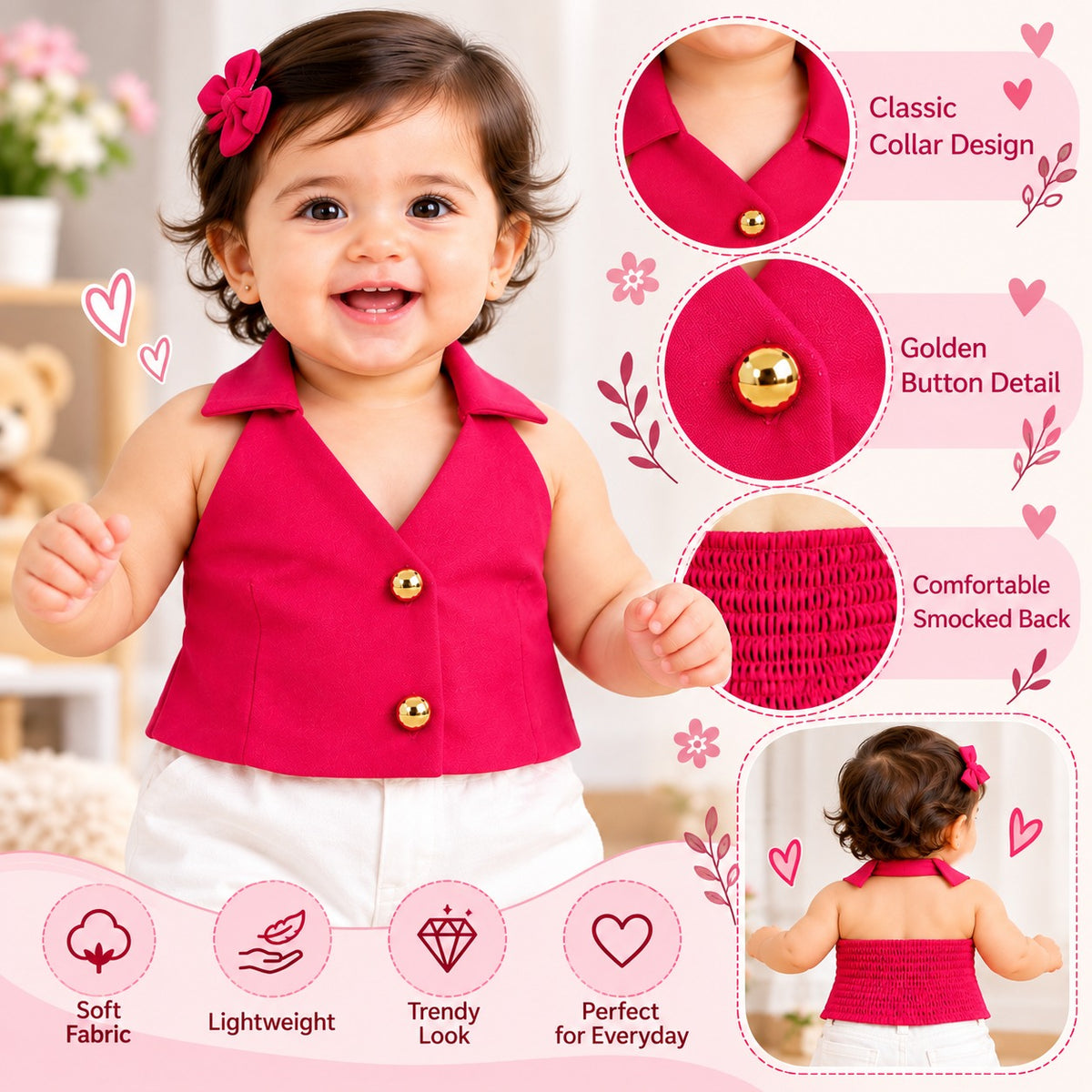 REVERSE X-TREME girls hot pink sleeveless top infographic highlighting collar, gold buttons and smocked back