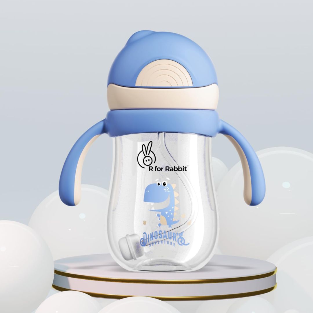 R for Rabbit Tritan Dino 320ml Baby Straw Sipper for Kids | Twin Handle Non Toxic BPA Free Soft Silicone Straw Sippy Bottle | Leak Proof Drinking Sippy Cup for 9+ Months Babies (Cream Blue)