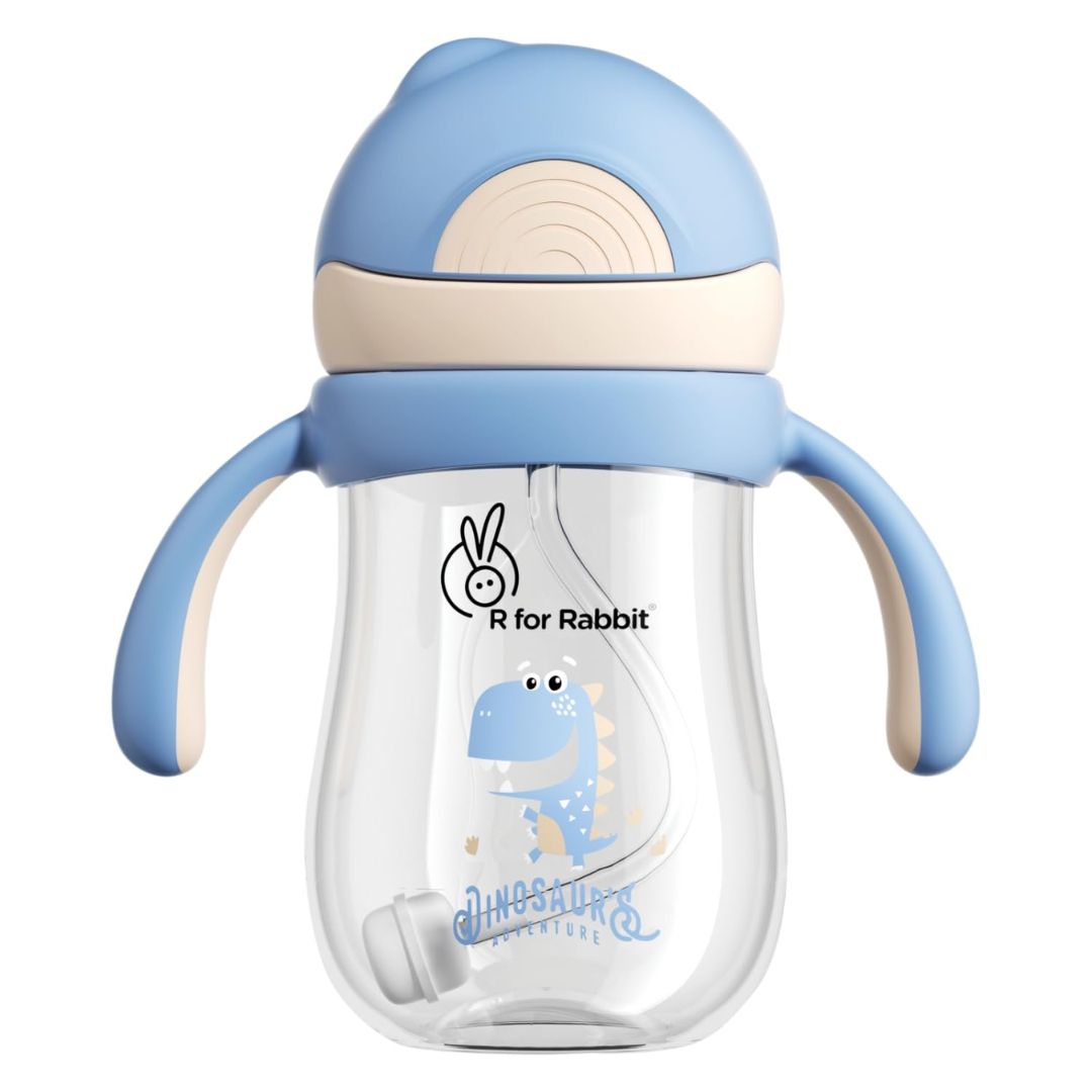 R for Rabbit Tritan Dino 320ml Baby Straw Sipper for Kids | Twin Handle Non Toxic BPA Free Soft Silicone Straw Sippy Bottle | Leak Proof Drinking Sippy Cup for 9+ Months Babies (Cream Blue)