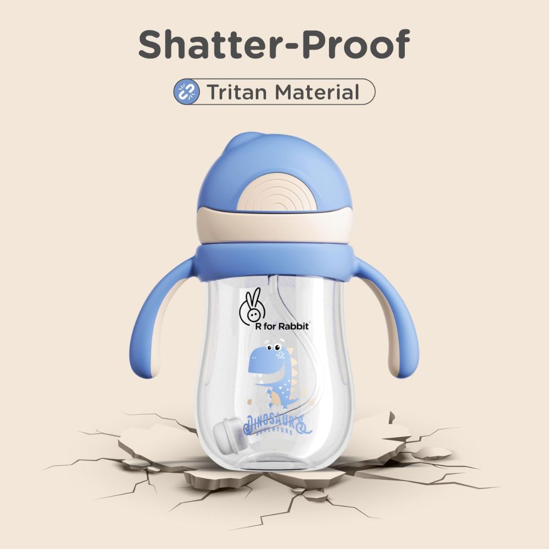 R for Rabbit Tritan Dino 320ml Baby Straw Sipper for Kids | Twin Handle Non Toxic BPA Free Soft Silicone Straw Sippy Bottle | Leak Proof Drinking Sippy Cup for 9+ Months Babies (Cream Blue)