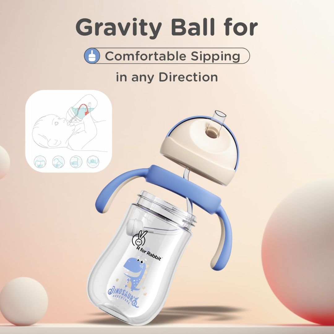 R for Rabbit Tritan Dino 320ml Baby Straw Sipper for Kids | Twin Handle Non Toxic BPA Free Soft Silicone Straw Sippy Bottle | Leak Proof Drinking Sippy Cup for 9+ Months Babies (Cream Blue)