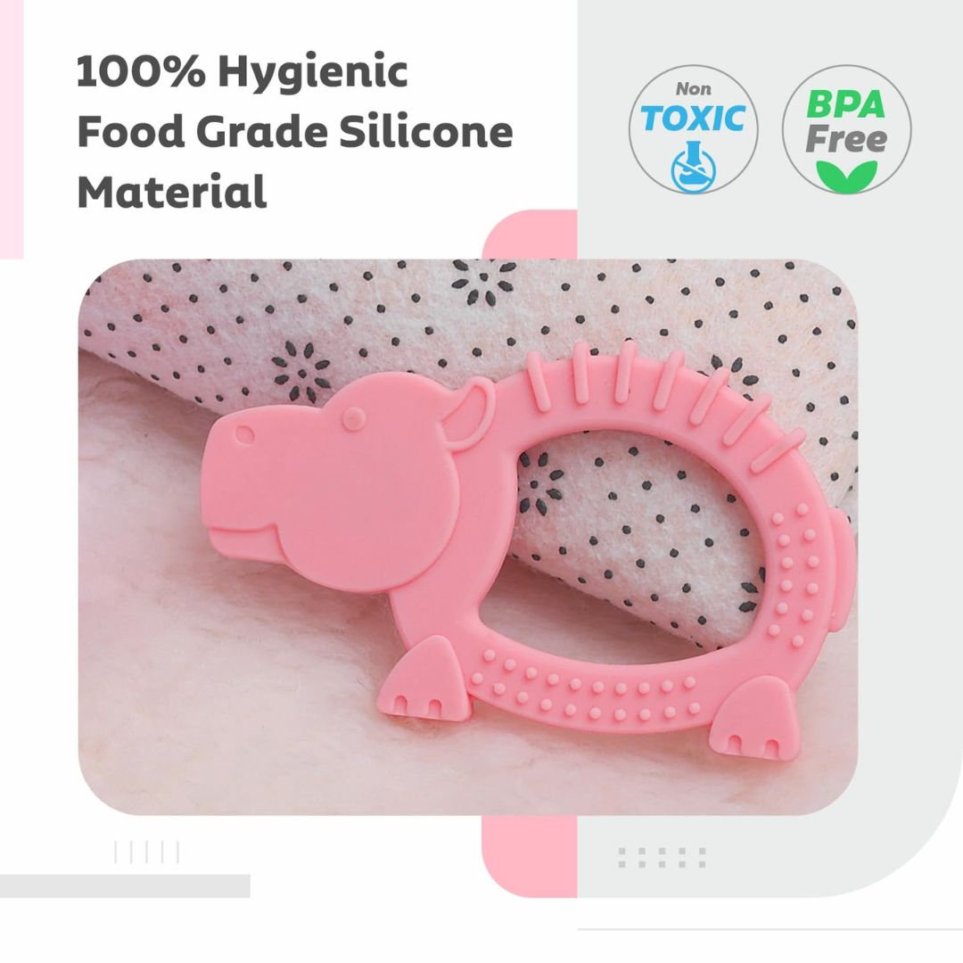 R for Rabbit Tiny Bites Safari Soft Silicone Teether for 4+ Months Baby BPA Free Food Grade Teething Toy for Babies with Multiple Snoothing Surface & Soft Edges (Hippo Pink)
