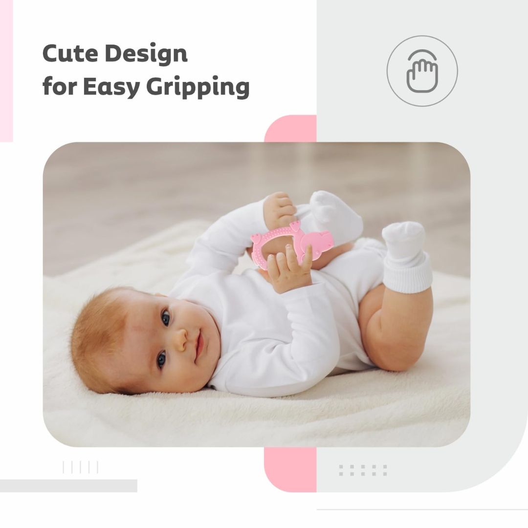 R for Rabbit Tiny Bites Safari Soft Silicone Teether for 4+ Months Baby BPA Free Food Grade Teething Toy for Babies with Multiple Snoothing Surface & Soft Edges (Hippo Pink)