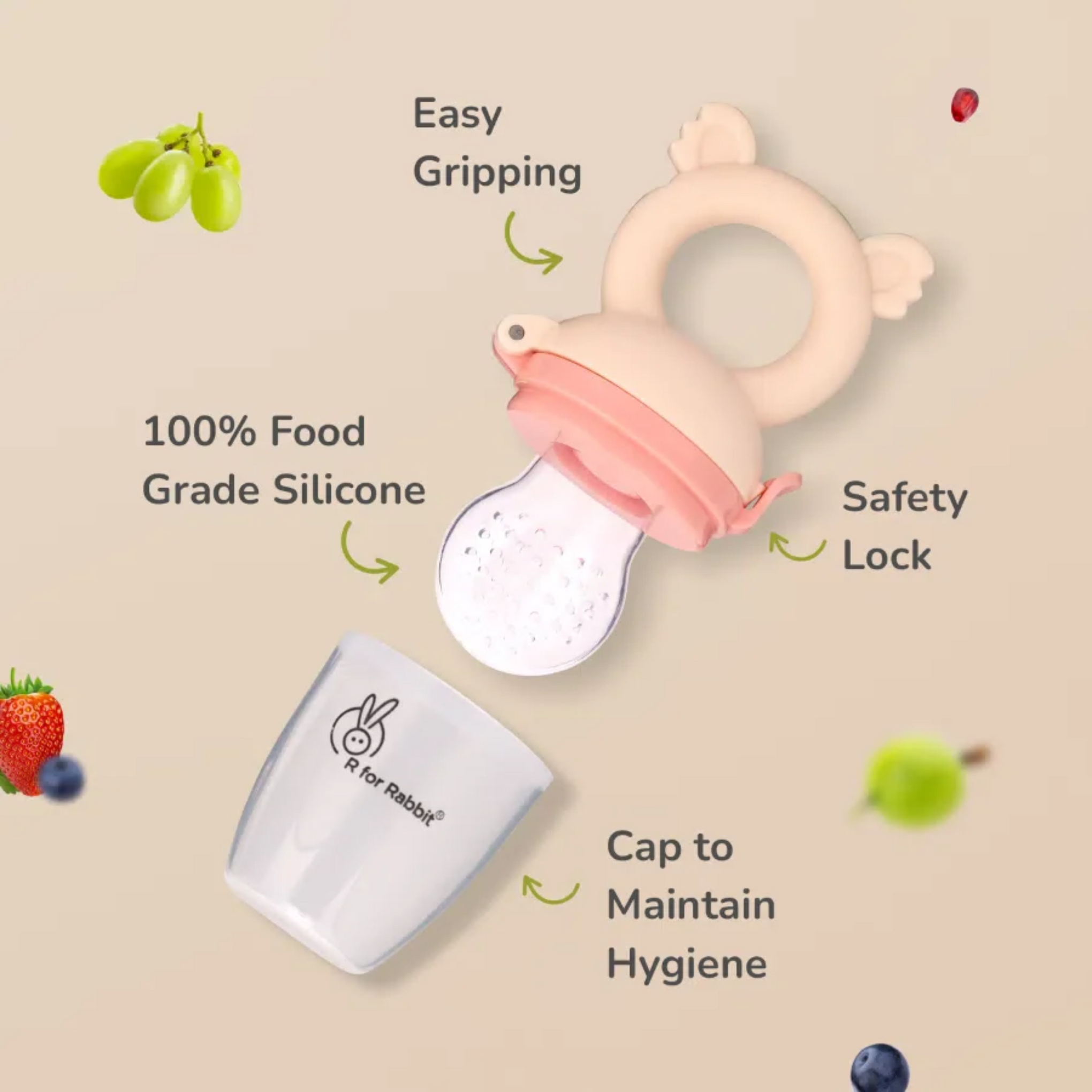 R for Rabbit First Feed Pixie Nibbler for Baby Premium Soft Silicon Chewing Pacifier Hygenic & BPA Free Baby Food Veggie Teether | Fruit Feeder for Infant 3+ Months (Beige)