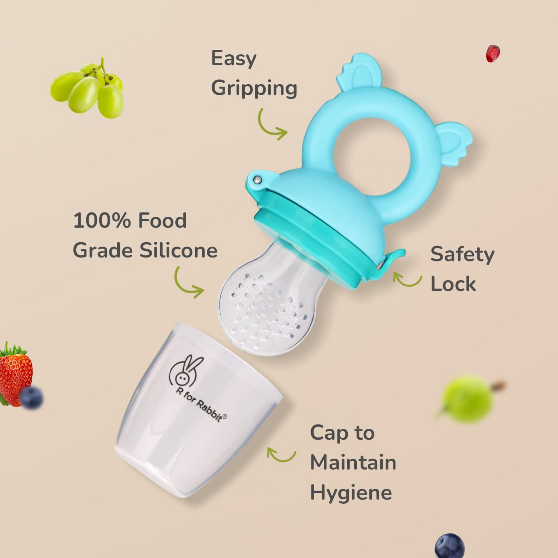 R for Rabbit First Feed Pixie Premium Soft Silicon Chewing Nibbler for Babies | Hygenic & BPA Free| Baby Fruit & Food Veggie Teether | Pacifier/Feeder for Infant 3+ Months (Lake Blue)