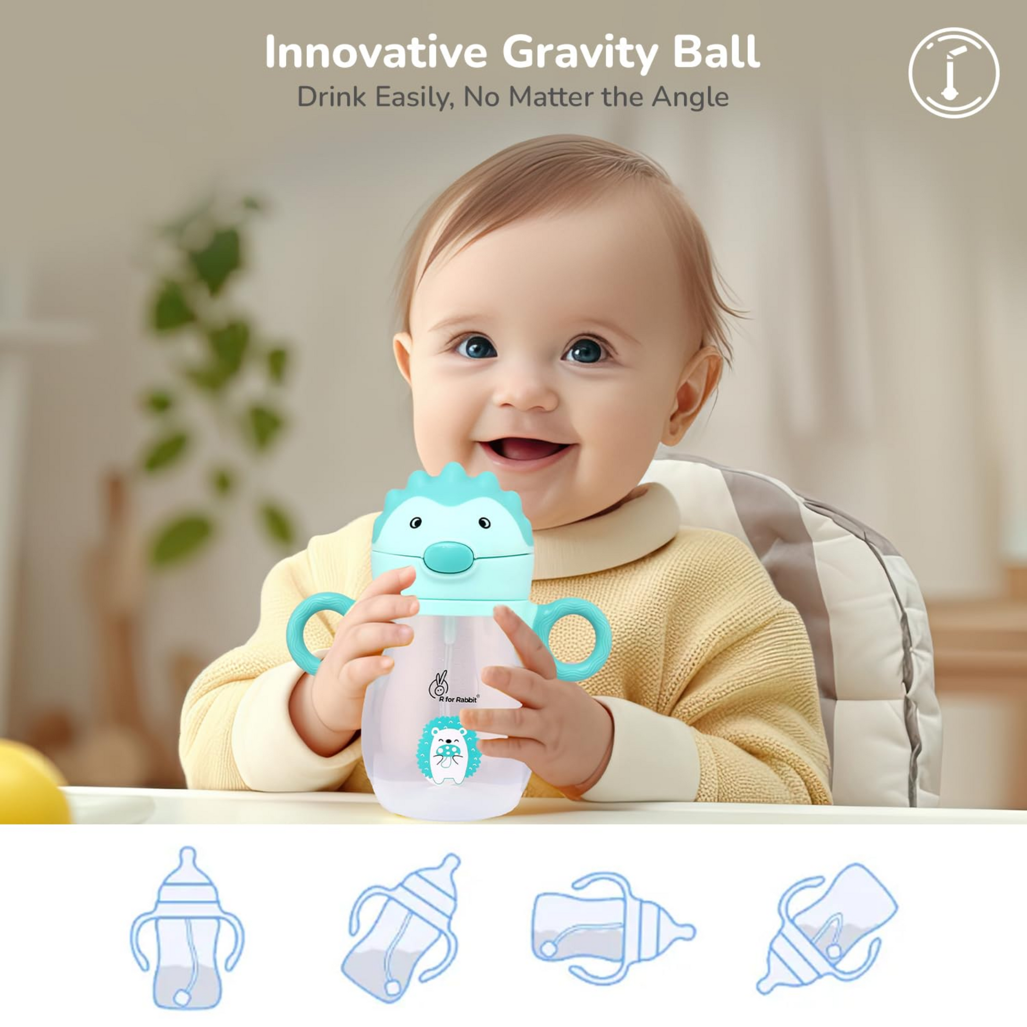 R for Rabbit Spikey Premium Baby Straw Sipper with Anti Gravity Ball | Zero Spill Sippy Cup with Soft Silicone Straw BPA Free & Non Toxic Leak Proof for Kids 9+ Months - (320 ml, Lake Blue)