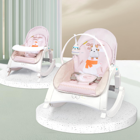 R for Rabbit Rock N Play Baby Rocker Baby Feeding Chair with Vibration and Soothing Music, Adjustable Backrest with Arc-Shaped Legs for Rocking Mode | 3 in 1 Functionality DetachableToy Bar (Cream Grey)
