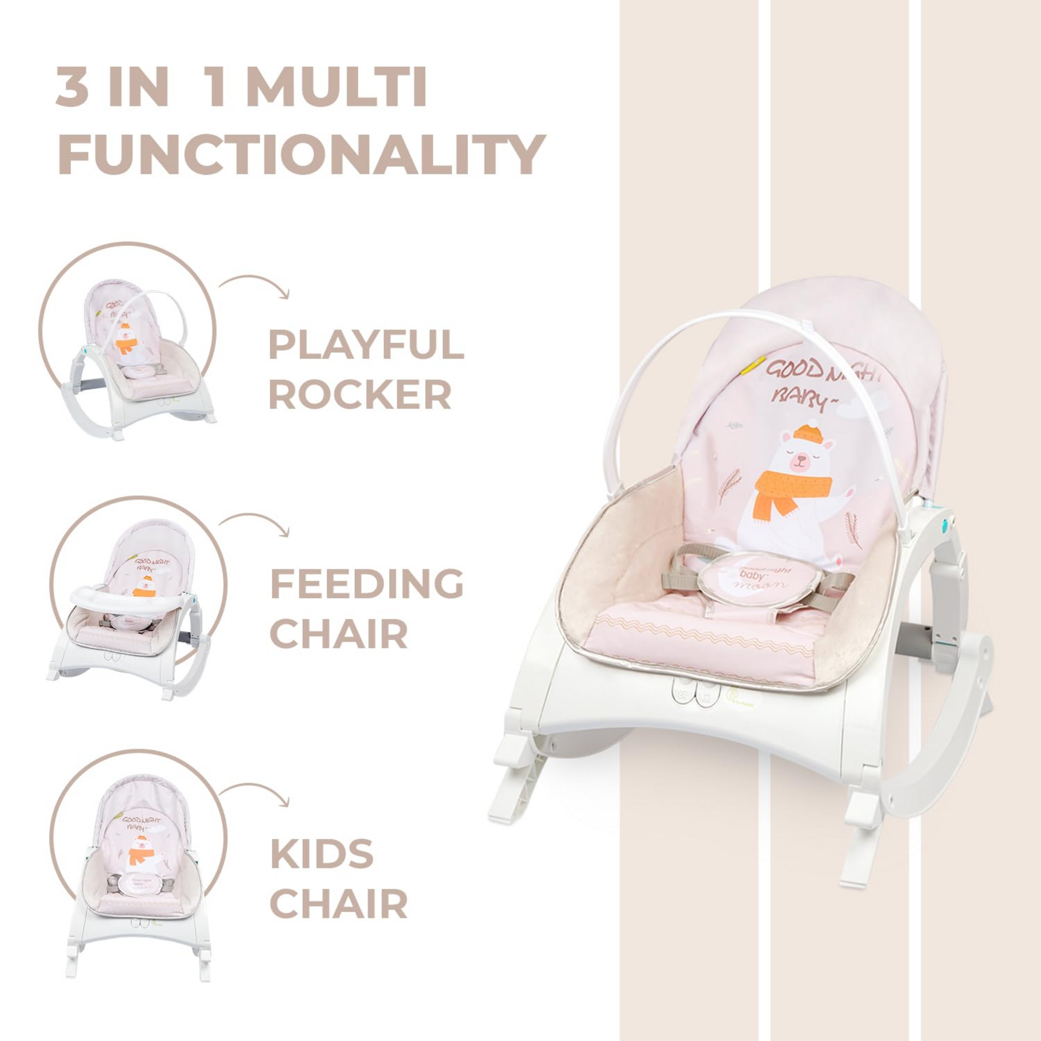 R for Rabbit Rock N Play Baby Rocker Baby Feeding Chair with Vibration and Soothing Music, Adjustable Backrest with Arc-Shaped Legs for Rocking Mode | 3 in 1 Functionality DetachableToy Bar (Cream Grey)