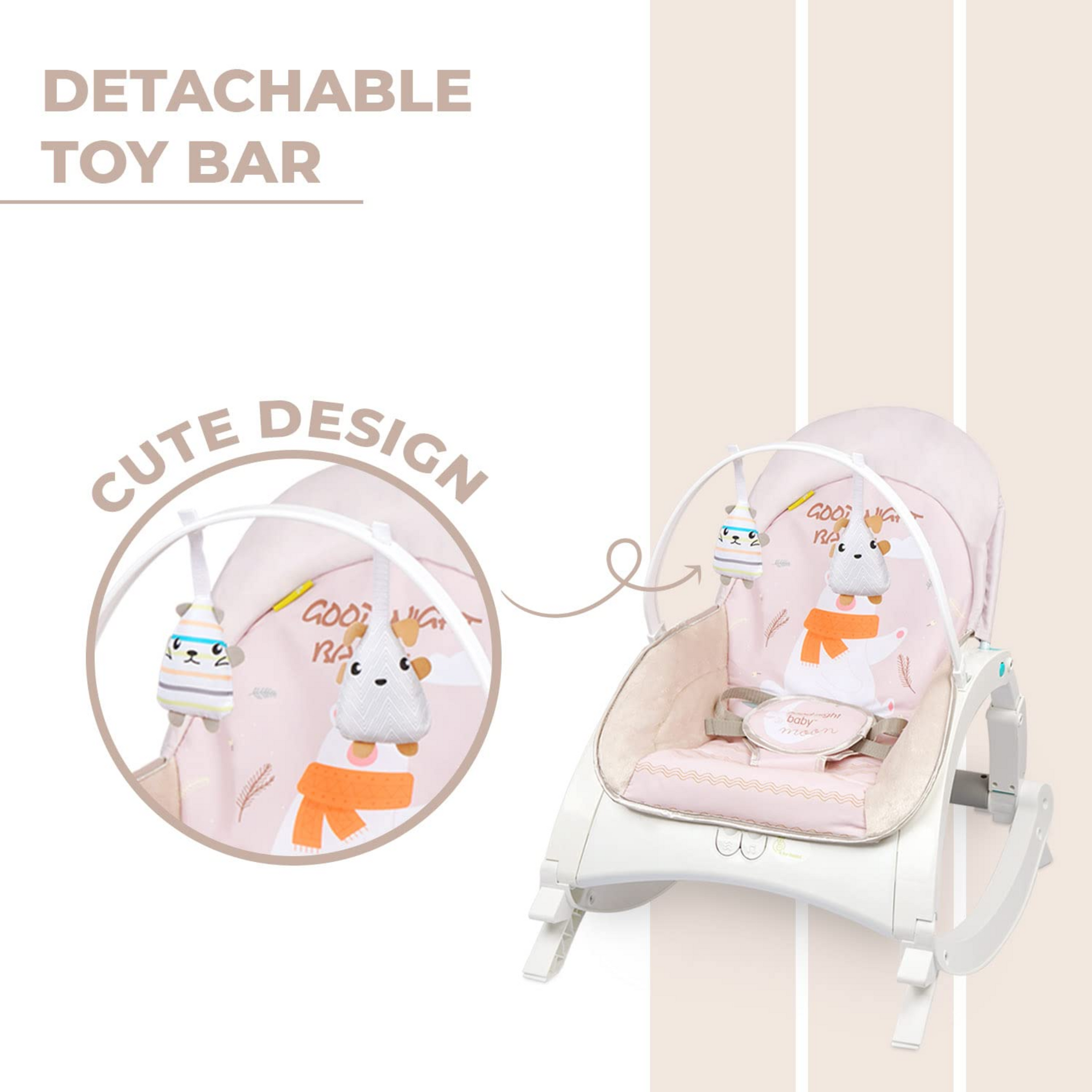 R for Rabbit Rock N Play Baby Rocker Baby Feeding Chair with Vibration and Soothing Music, Adjustable Backrest with Arc-Shaped Legs for Rocking Mode | 3 in 1 Functionality DetachableToy Bar (Cream Grey)