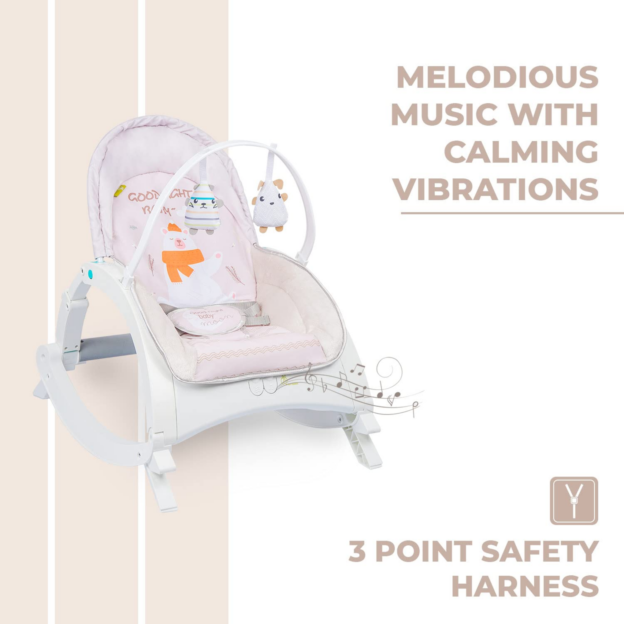 R for Rabbit Rock N Play Baby Rocker Baby Feeding Chair with Vibration and Soothing Music, Adjustable Backrest with Arc-Shaped Legs for Rocking Mode | 3 in 1 Functionality DetachableToy Bar (Cream Grey)