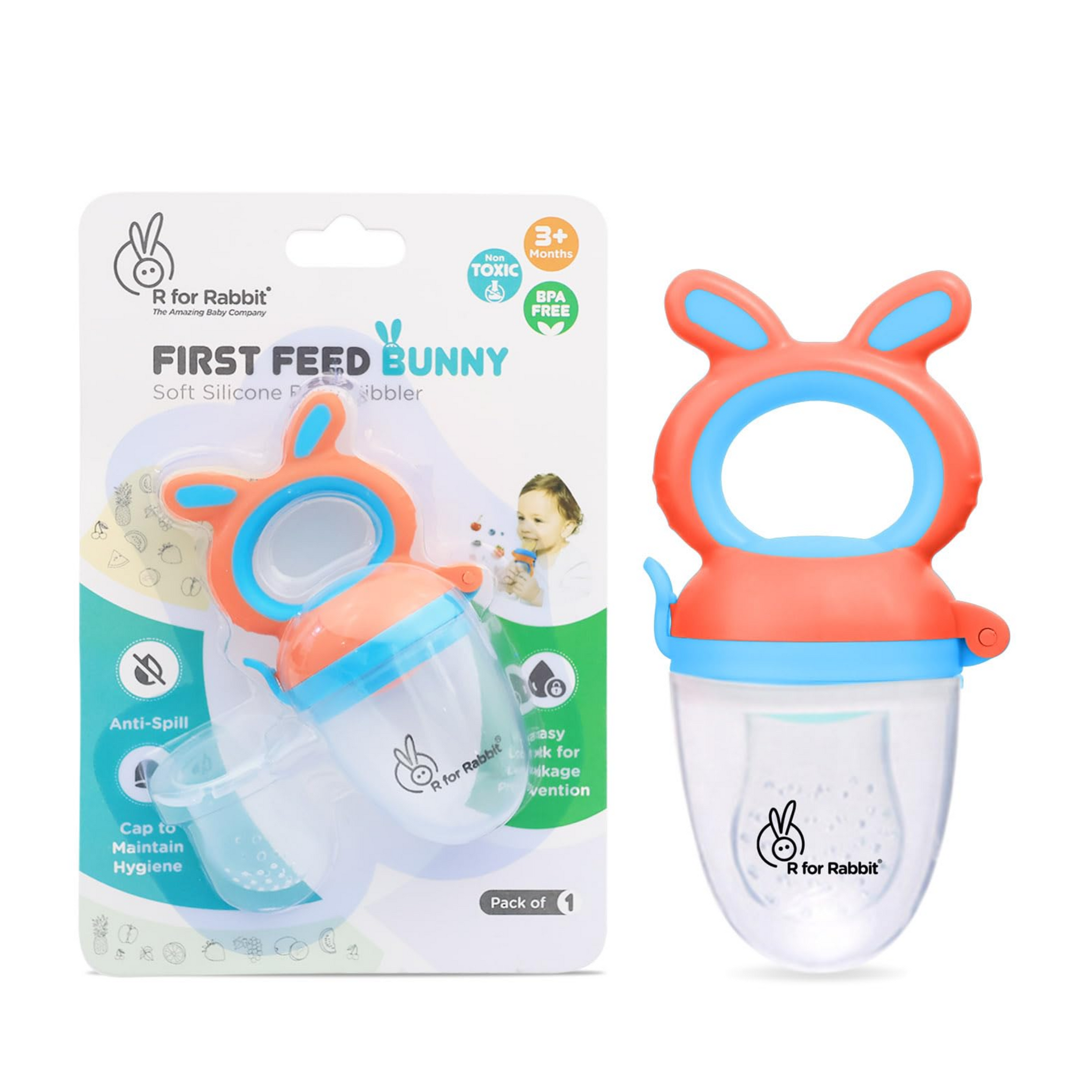 R for Rabbit First Feed Bunny Nibbler Soft Silicon Chewing Fruit Feeder for Babies | Baby Fruit & Food Veggie Teether |Hygenic & BPA Free | Pacifier for Infant 3+ Months (Orange-Blue)