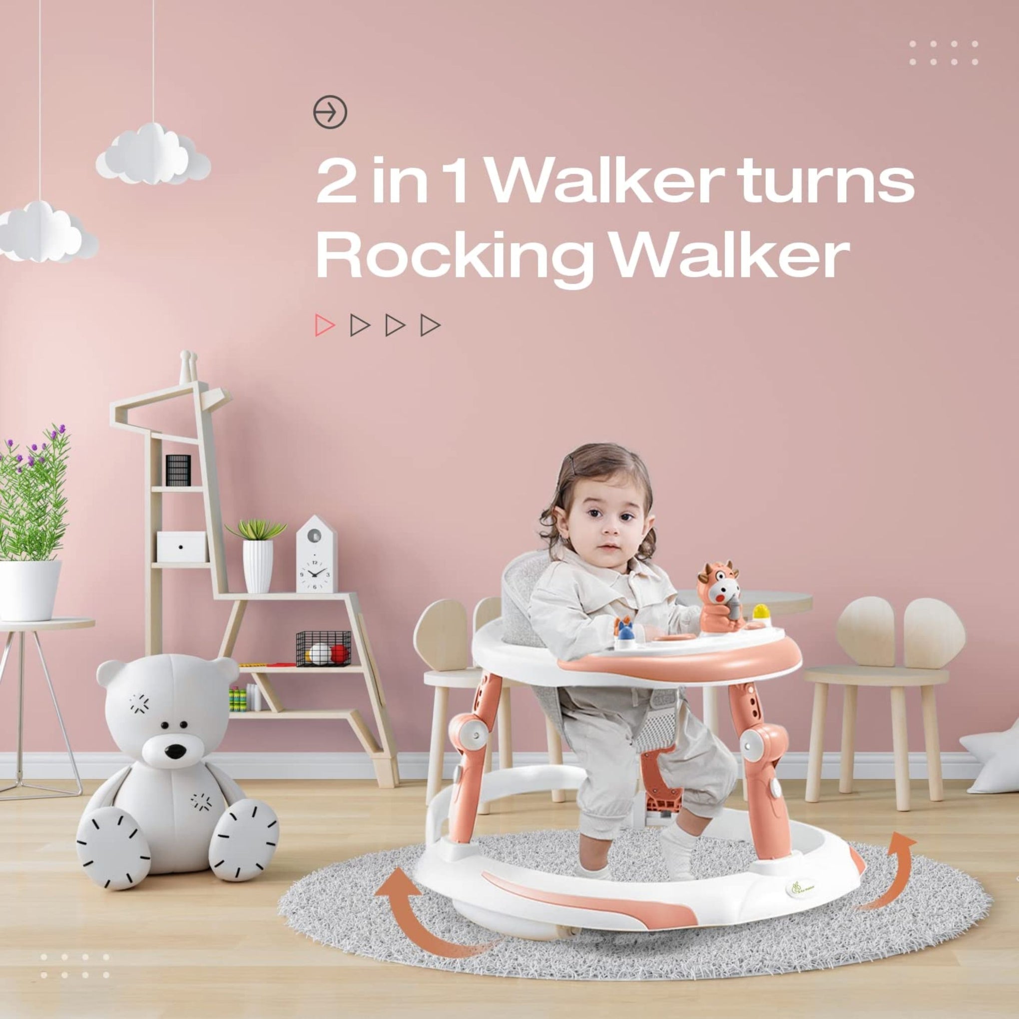 R for Rabbit Little Feet Plus Baby Walker Cum Rocker 3 Level Height Adjustment and 4 Level Seat Adjustment for Baby 6-18 Months with Recreational Toy Bar - (Pink)