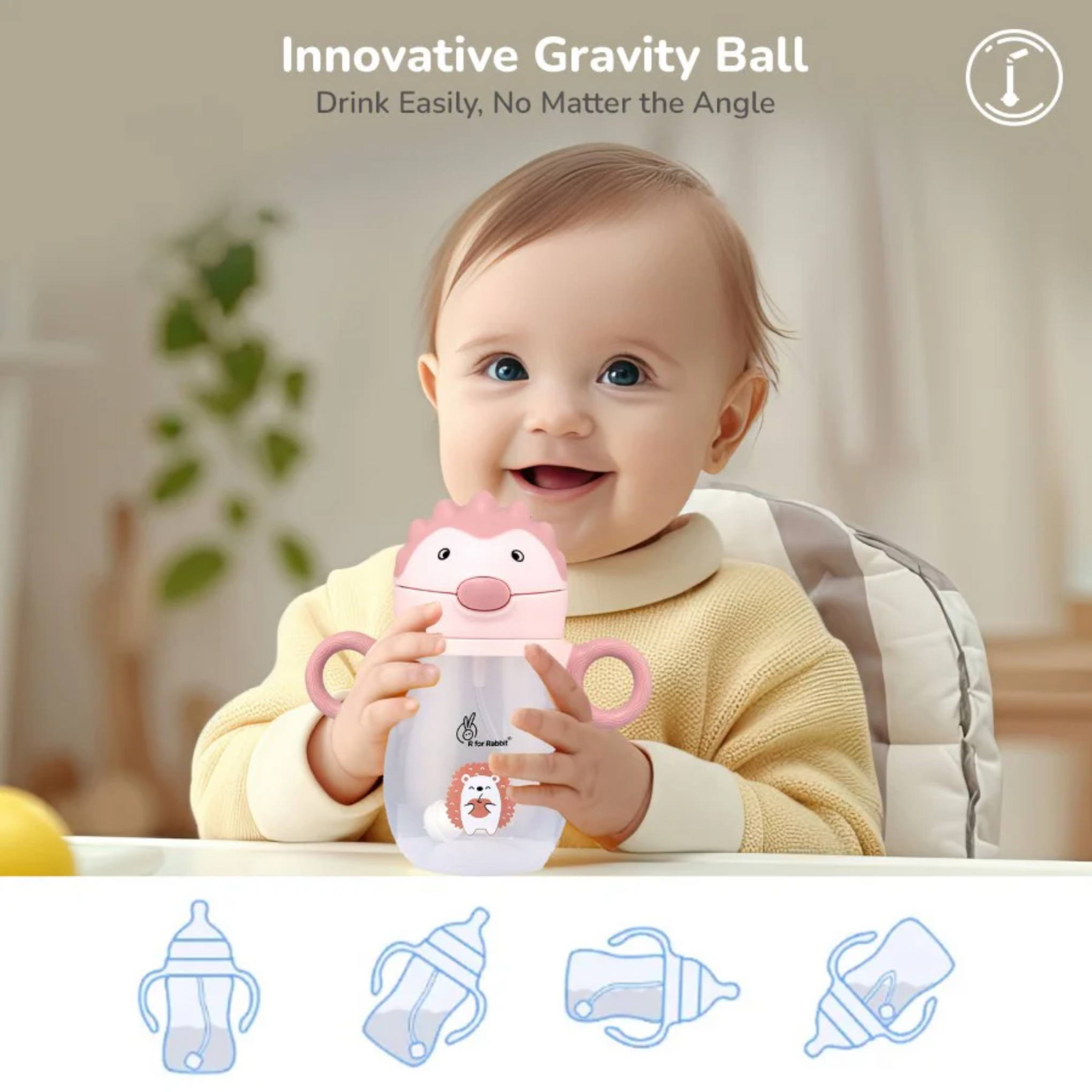 R for Rabbit Spikey Premium Baby Straw Sipper with Anti Gravity Ball | Zero Spill Sippy Cup with Soft Silicone Straw BPA Free & Non Toxic Leak Proof for Kids 9+ Months - (320 ml, (Peach Pink)