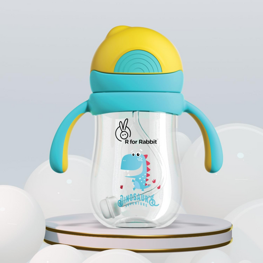 R for Rabbit Tritan Dino 320ml Baby Straw Sipper for Kids | Twin Handle Non Toxic BPA Free Soft Silicone Straw Sippy Bottle | Leak Proof Drinking Sippy Cup for 12+ Months Babies (Yellow Blue)
