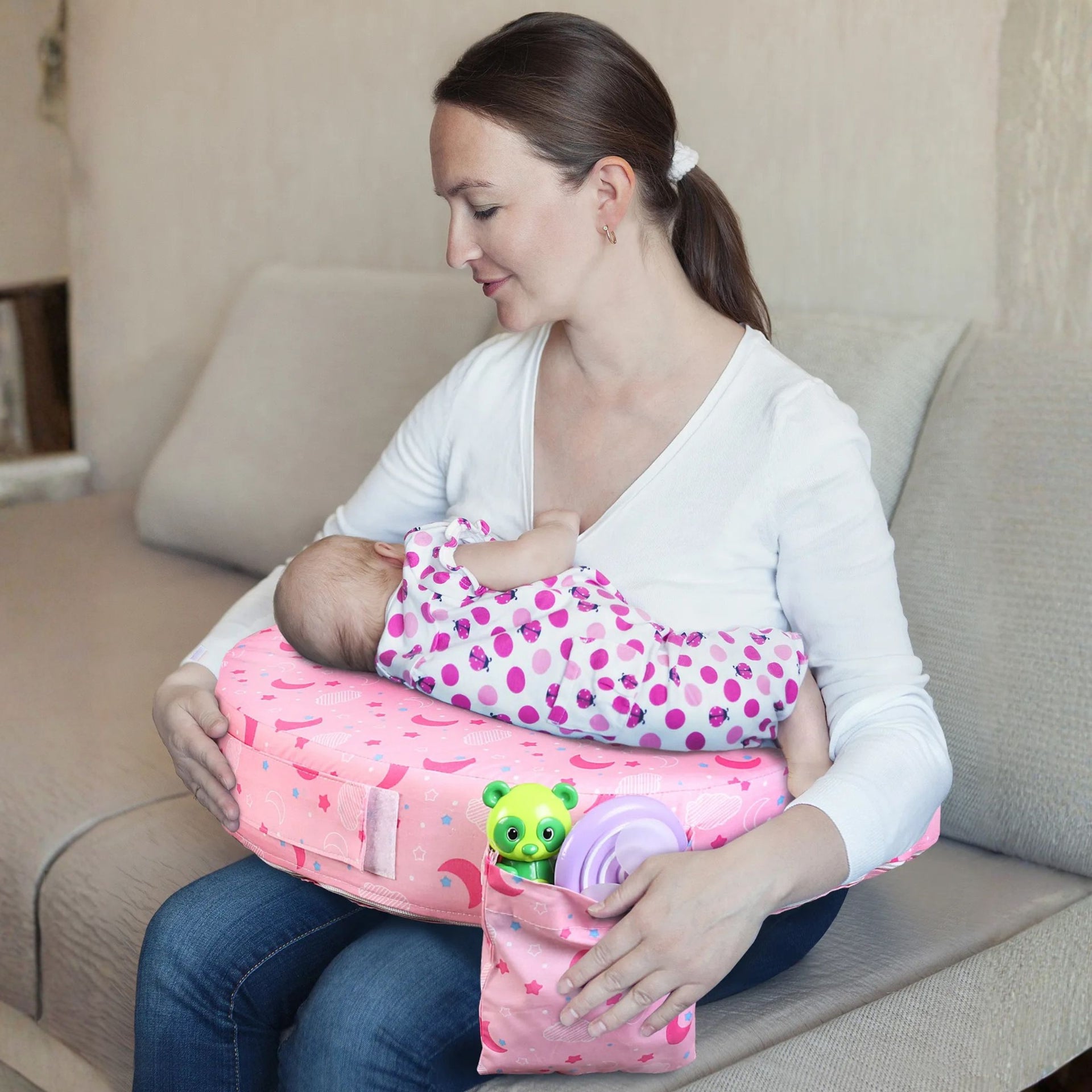 Smile Baby New Born Pillow Feeding | Soft Cotton Baby Feeding Support Pillow with Storage Pocket | Comfortable Nursing & Feeding Cushion for Newborns