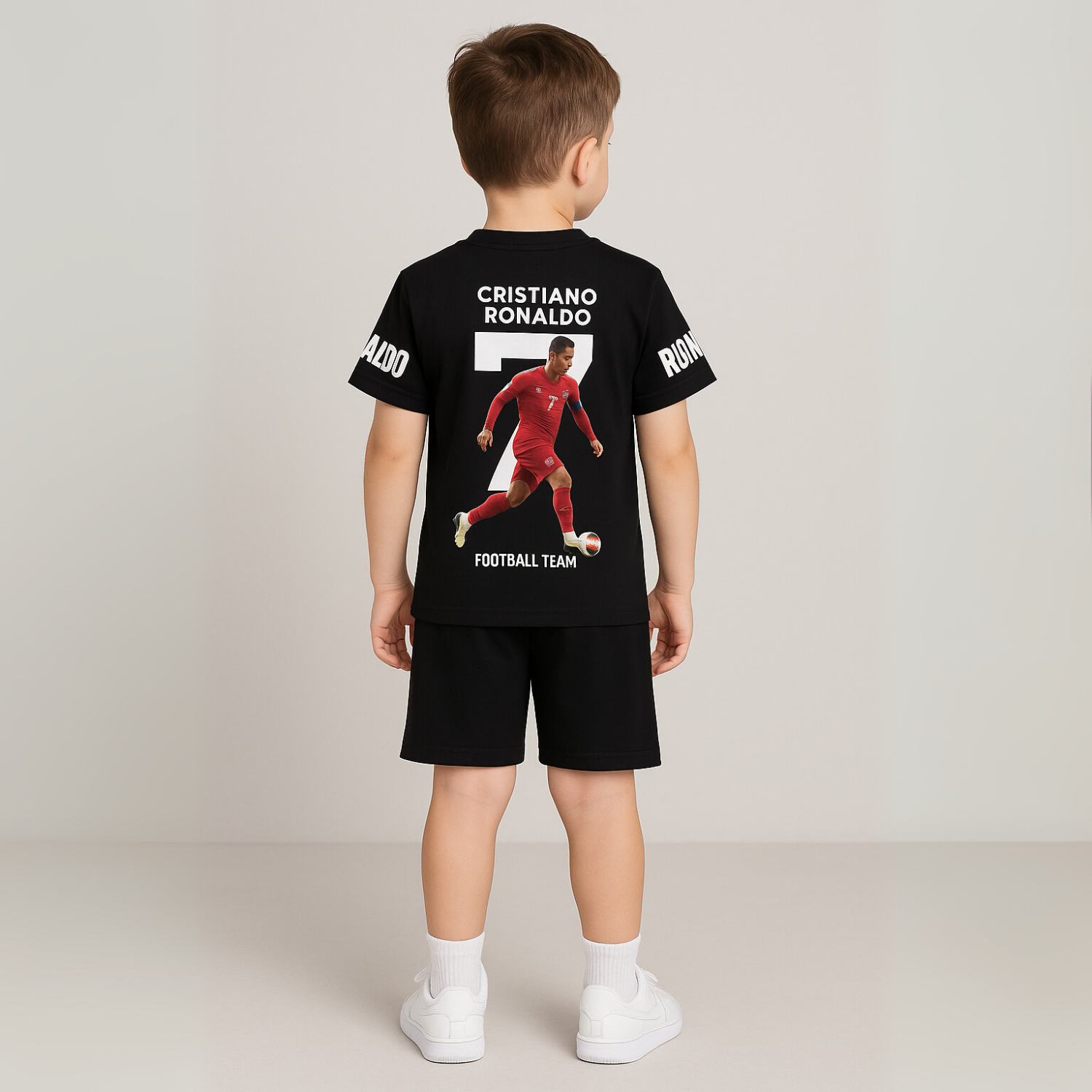 Smile Baby Kids' Black Cristiano Ronaldo T-Shirt & Shorts Set – Football Sportswear (Age 2–12 Years)