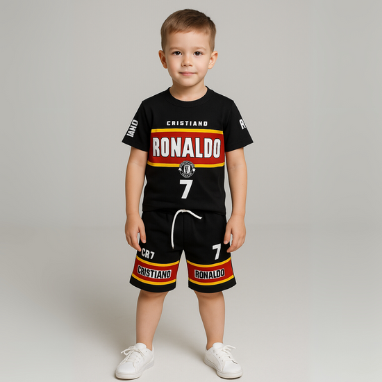 Smile Baby Kids' Black Cristiano Ronaldo T-Shirt & Shorts Set – Football Sportswear (Age 2–12 Years)
