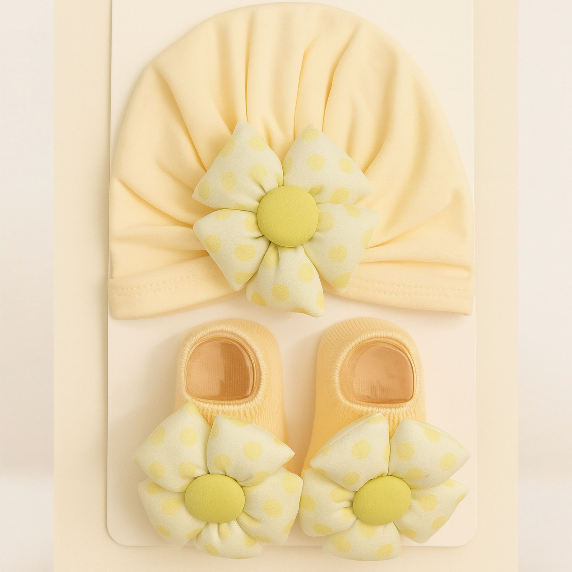Smile Baby Newborn Gift Set – Soft Pink , Brown , Yellow | 3 Colors Variants Cap & Booties with Polka Dot Flower Bow | 0–6Months | Cotton Fabric | Baby Girl Accessory Set