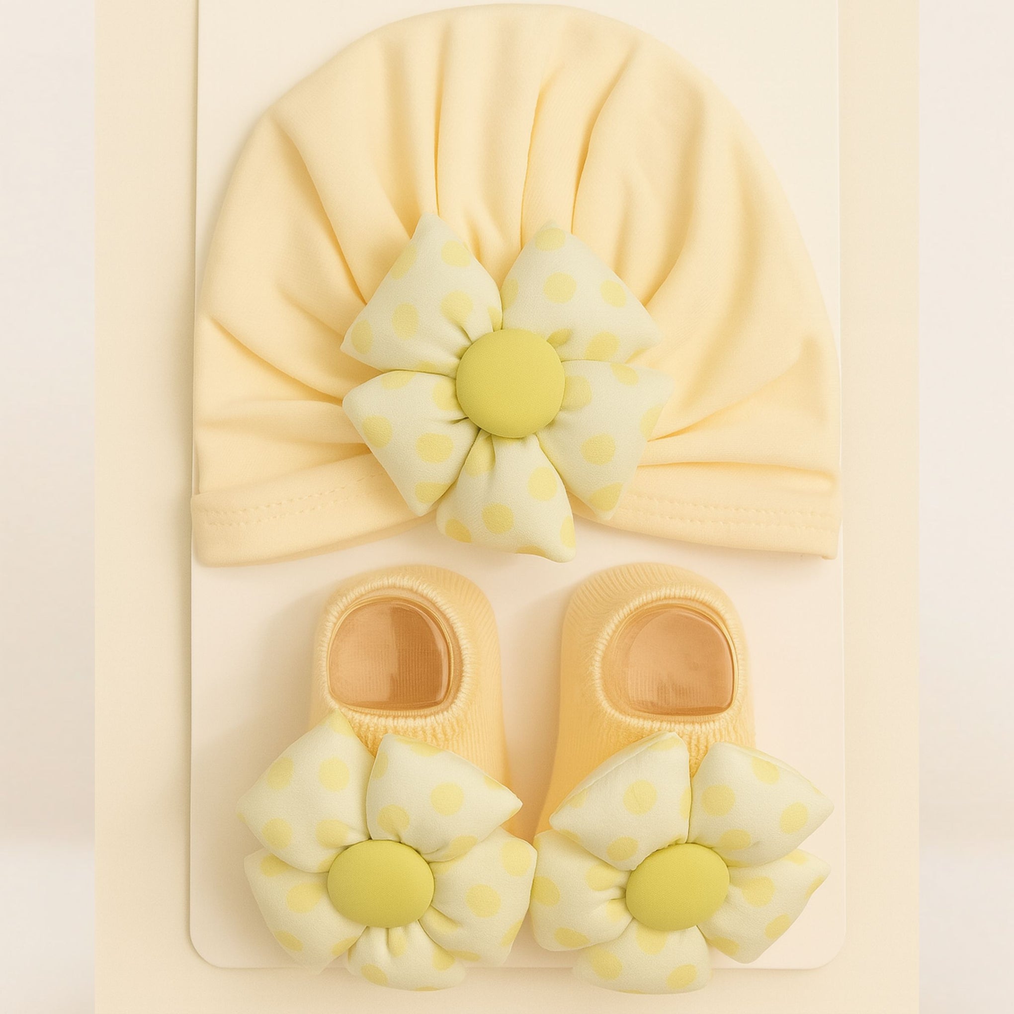 Smile Baby Newborn Gift Set – Soft Pink , Brown , Yellow | 3 Colors Variants Cap & Booties with Polka Dot Flower Bow | 0–6Months | Cotton Fabric | Baby Girl Accessory Set