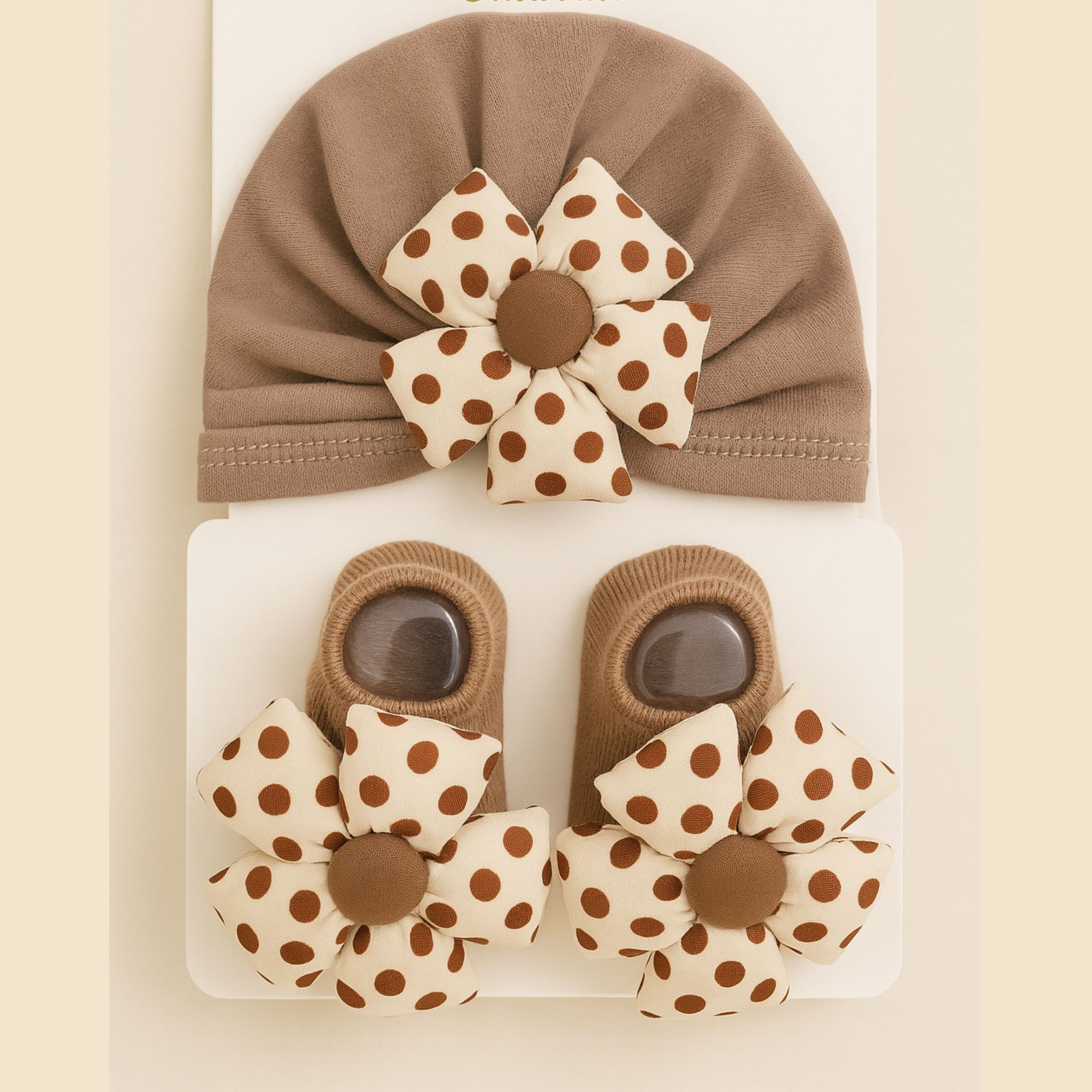 Smile Baby Newborn Gift Set – Soft Pink , Brown , Yellow | 3 Colors Variants Cap & Booties with Polka Dot Flower Bow | 0–6Months | Cotton Fabric | Baby Girl Accessory Set