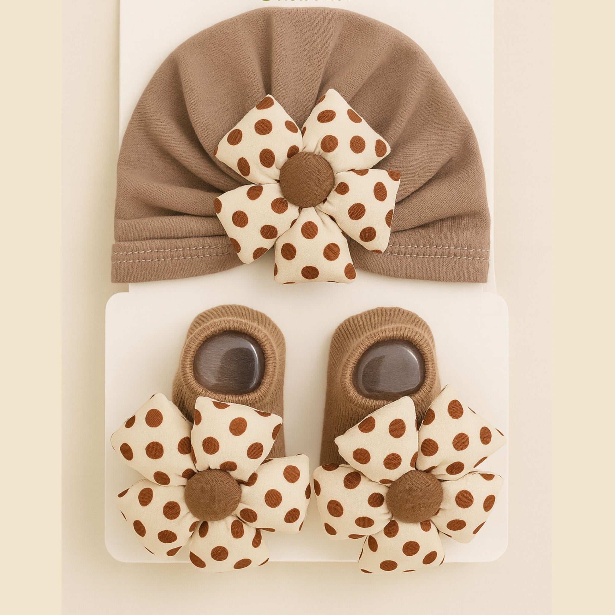 Smile Baby Newborn Gift Set – Soft Pink , Brown , Yellow | 3 Colors Variants Cap & Booties with Polka Dot Flower Bow | 0–6Months | Cotton Fabric | Baby Girl Accessory Set