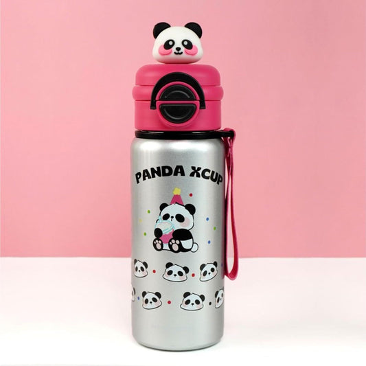 SMILE BABY Kids Panda Xcup Silver Water Bottle with Dual-Style Leakproof Lid – Straw & Spout, Cute Panda Design