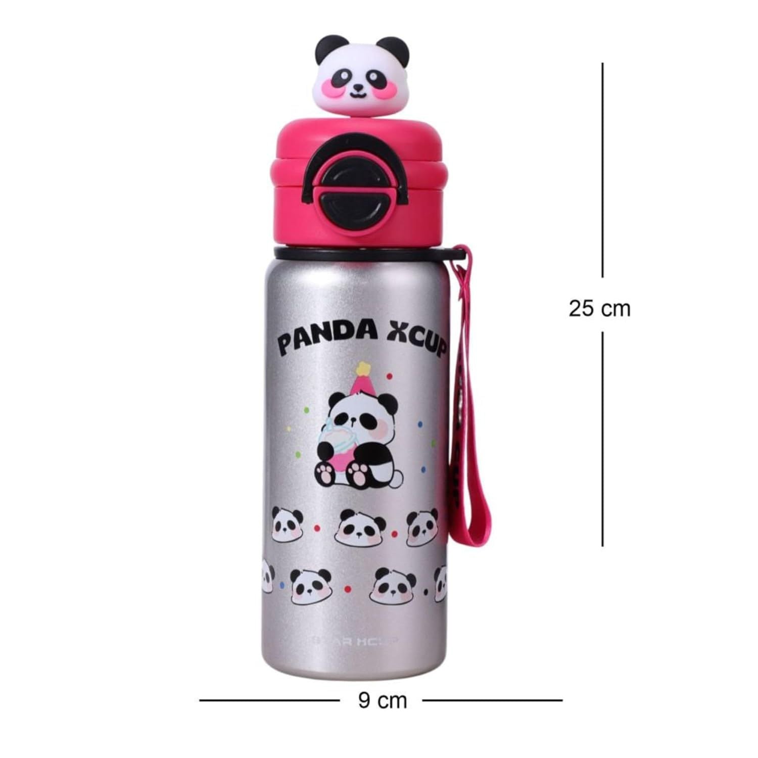 SMILE BABY Kids Panda Xcup Silver Water Bottle with Dual-Style Leakproof Lid – Straw & Spout, Cute Panda Design
