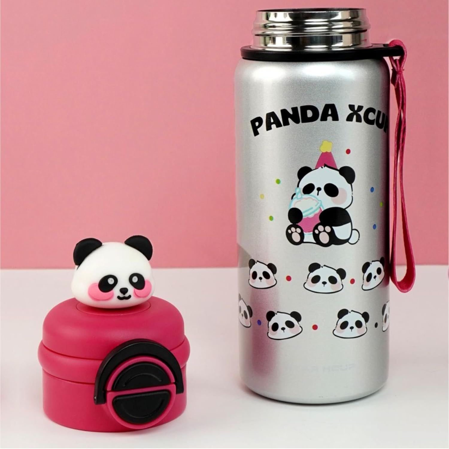 SMILE BABY Kids Panda Xcup Silver Water Bottle with Dual-Style Leakproof Lid – Straw & Spout, Cute Panda Design