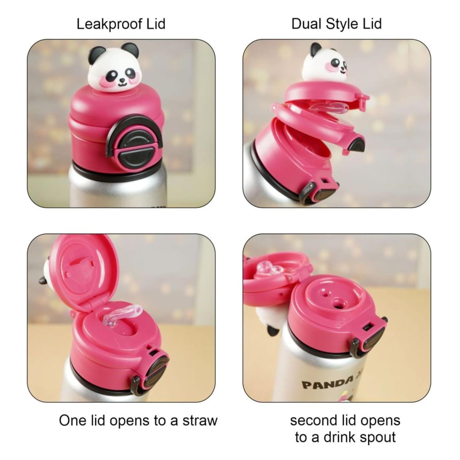SMILE BABY Kids Panda Xcup Silver Water Bottle with Dual-Style Leakproof Lid – Straw & Spout, Cute Panda Design