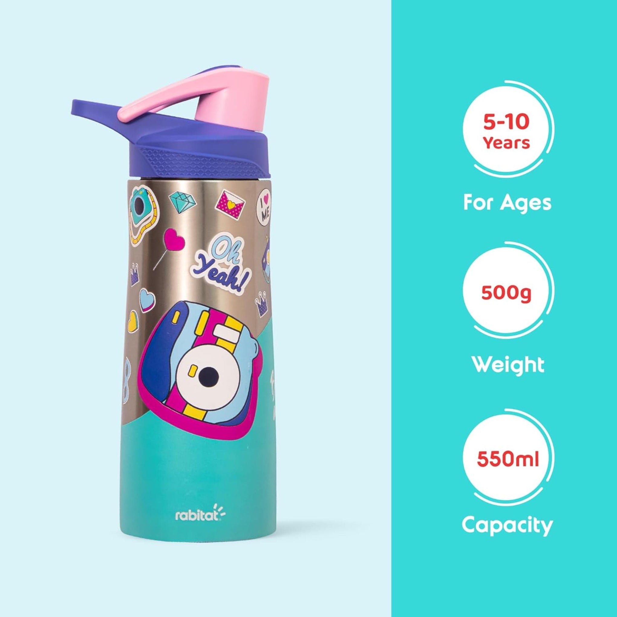Rabitat NUTRI Lock Stainless Steel Water Bottle Diva 550 ml - 2 Years Brand Warranty | Stainless Steel Water Bottle | Steel Bottle | Water Bottle Steel