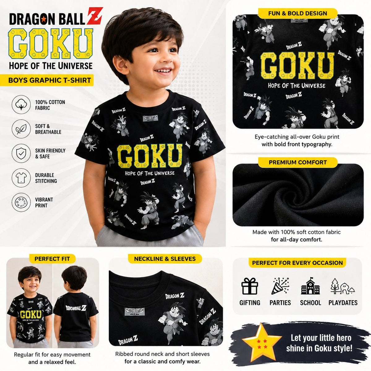 SKETCH Boys Dragon Ball Z Goku Graphic T-Shirt – Black | 18M–12Y - SMILE BABY